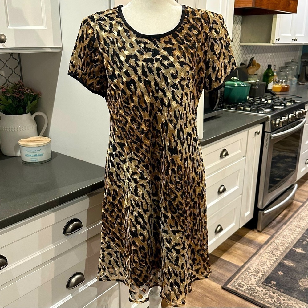 Vintage Jeffrey & Dara Leopard Print Metallic Party Cocktail Shift Dress Sz 8/10